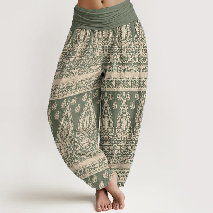 Buddha Stones Pure Cotton Casual Feather Stripes Design Women's Elastic Waist Harem Pants