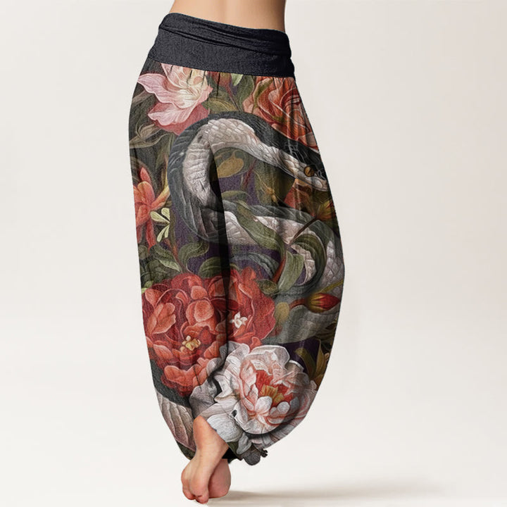 Buddha Stones Pure Cotton Snake Peony Flowers Leaf Pattern Women's Elastic Waist Harem Pants - image 1