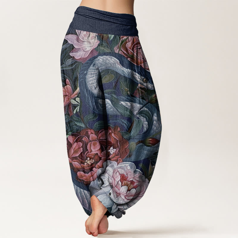 Buddha Stones Pure Cotton Snake Peony Flowers Leaf Pattern Women's Elastic Waist Harem Pants - image 9