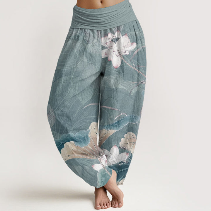 Buddha Stones Pure Cotton Lotus Flowers Leaves Pattern Women's Elastic Waist Harem Pants