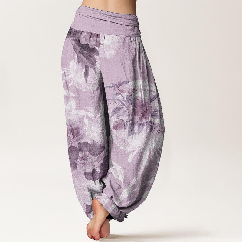 Buddha Stones Pure Cotton Flowers White Leaves Women's Elastic Waist Harem Pants
