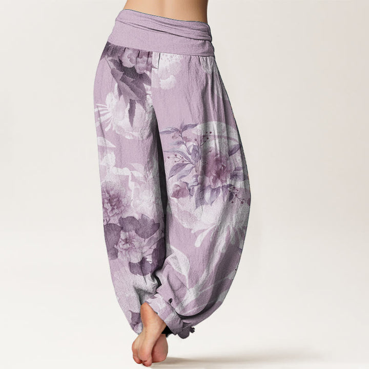 Buddha Stones Pure Cotton Flowers White Leaves Women's Elastic Waist Harem Pants