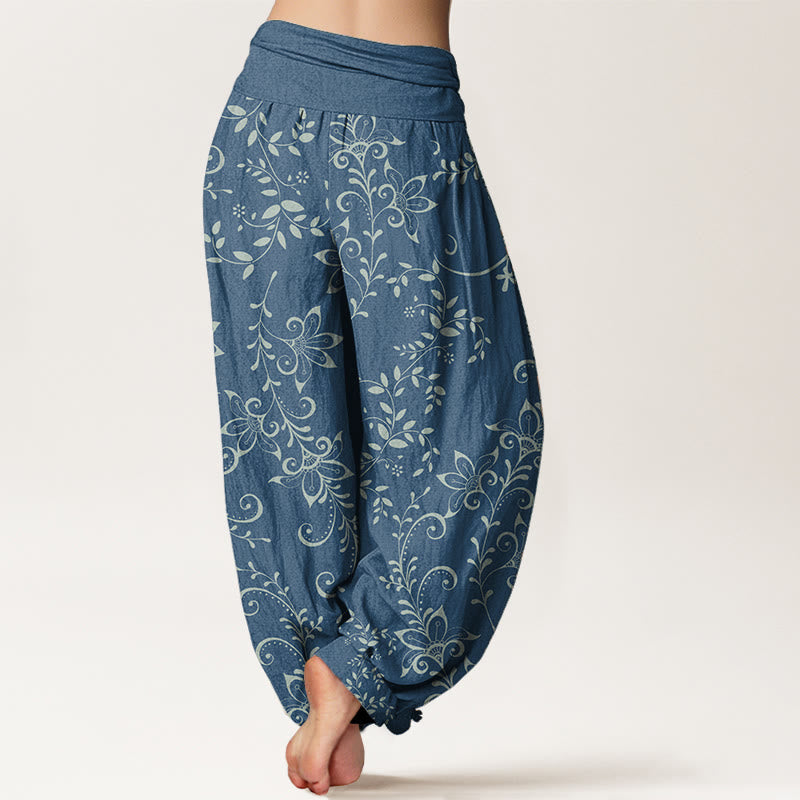 Buddha Stones Pure Cotton Casual Flowers Vine Design Women's Elastic Waist Harem Pants - image 1
