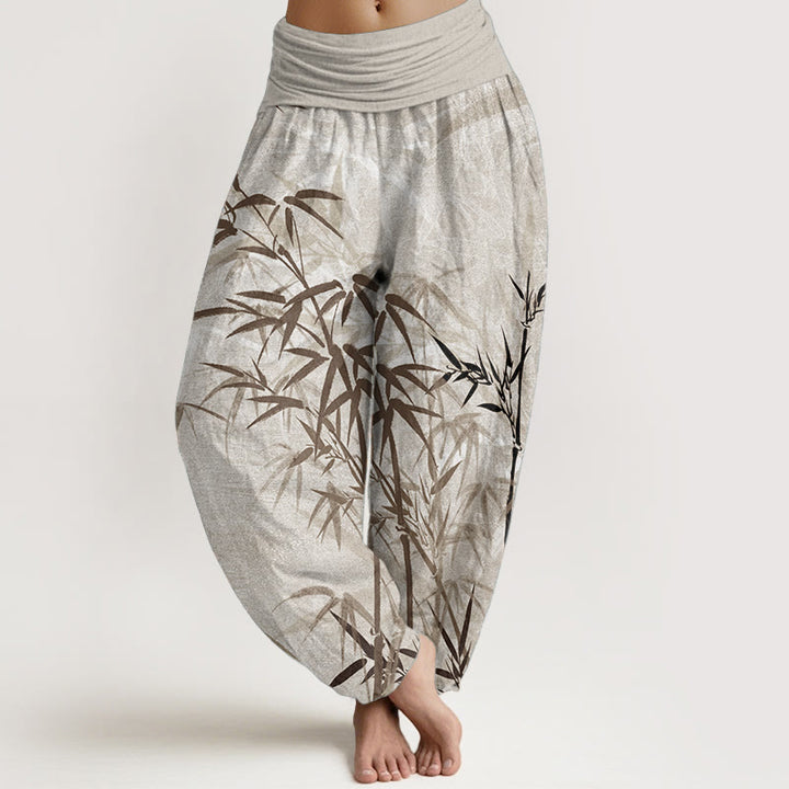 Buddha Stones Pure Cotton Casual Bamboo Leaves Women's Elastic Waist Harem Pants