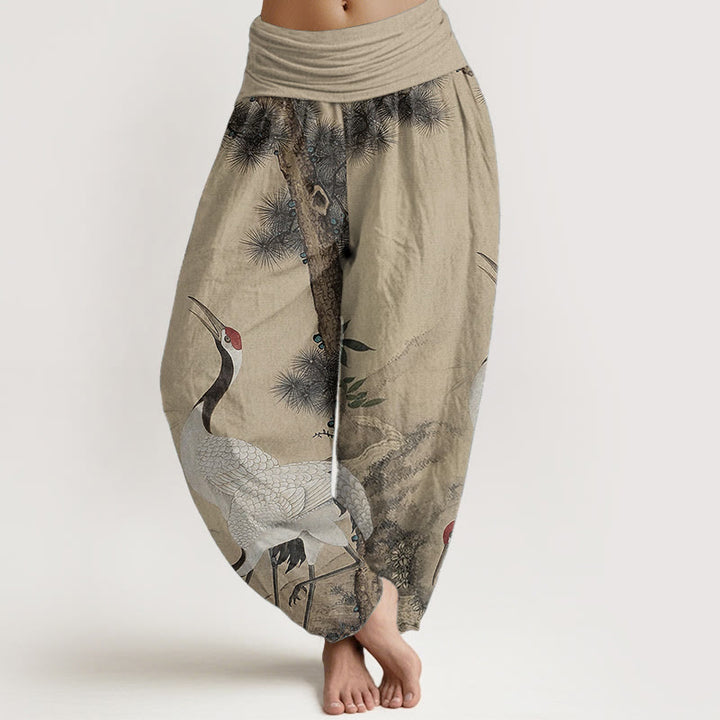 Buddha Stones Pure Cotton Casual Red-crowned Crane Pine Tree Mountain Women's Elastic Waist Harem Pants