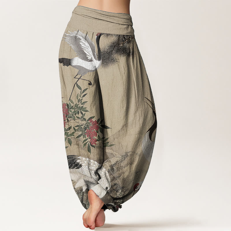 Buddha Stones Pure Cotton Casual Red-crowned Crane Pine Tree Mountain Women's Elastic Waist Harem Pants