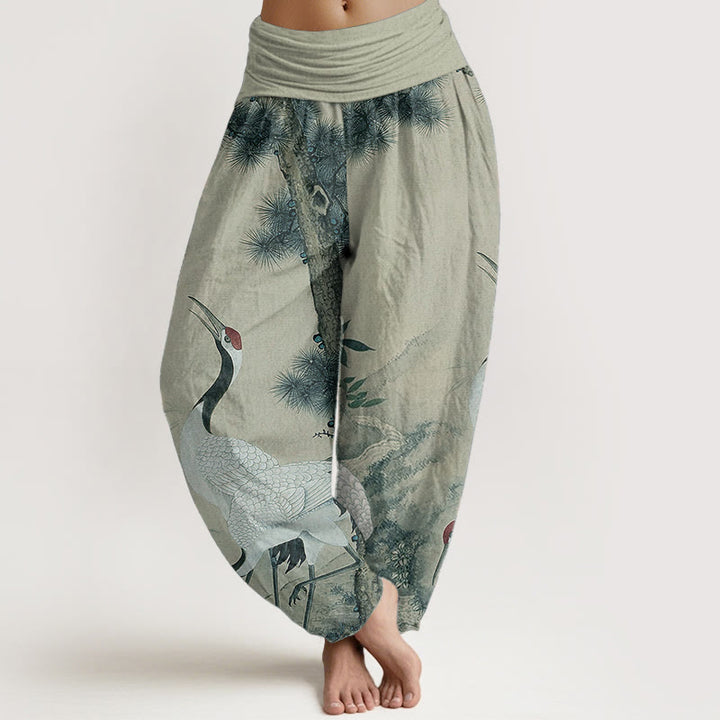 Buddha Stones Pure Cotton Casual Red-crowned Crane Pine Tree Mountain Women's Elastic Waist Harem Pants