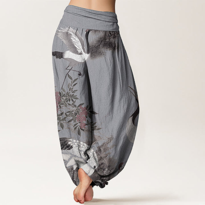Buddha Stones Pure Cotton Casual Red-crowned Crane Pine Tree Mountain Women's Elastic Waist Harem Pants