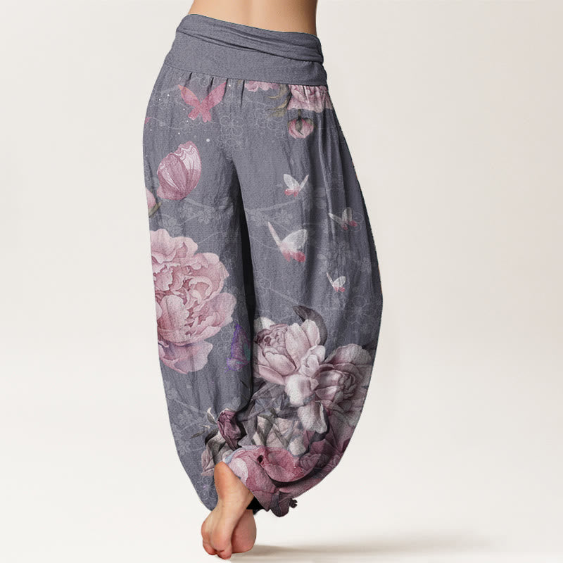 Buddha Stones Pure Cotton Casual Bright Peony Flower Butterfly Women's Elastic Waist Harem Pants