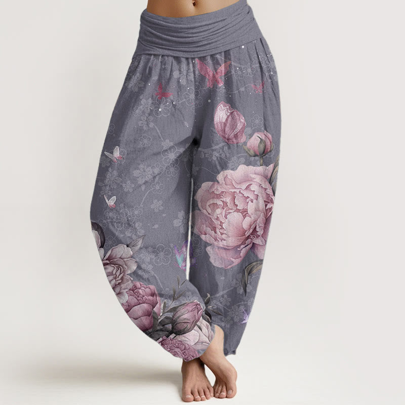 Buddha Stones Pure Cotton Casual Bright Peony Flower Butterfly Women's Elastic Waist Harem Pants - MediumPurple - US22，UK/AU26，EU54 (6XL) - image 0