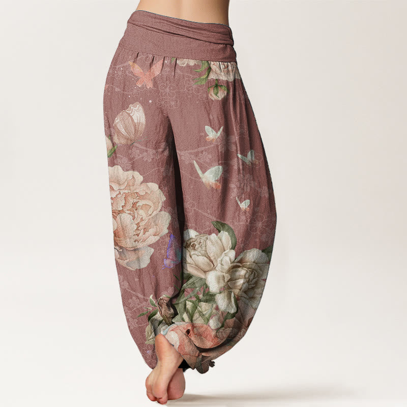 Buddha Stones Pure Cotton Casual Bright Peony Flower Butterfly Women's Elastic Waist Harem Pants