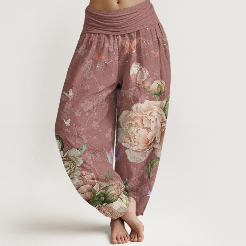 Buddha Stones Pure Cotton Casual Bright Peony Flower Butterfly Women's Elastic Waist Harem Pants