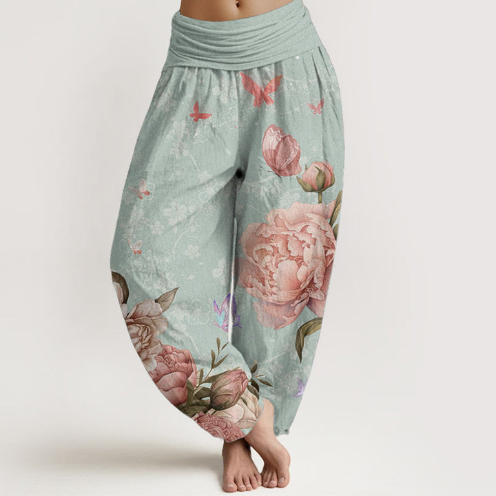 Buddha Stones Pure Cotton Casual Bright Peony Flower Butterfly Women's Elastic Waist Harem Pants