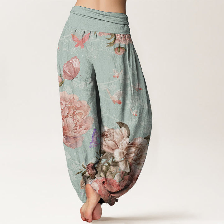 Buddha Stones Pure Cotton Casual Bright Peony Flower Butterfly Women's Elastic Waist Harem Pants