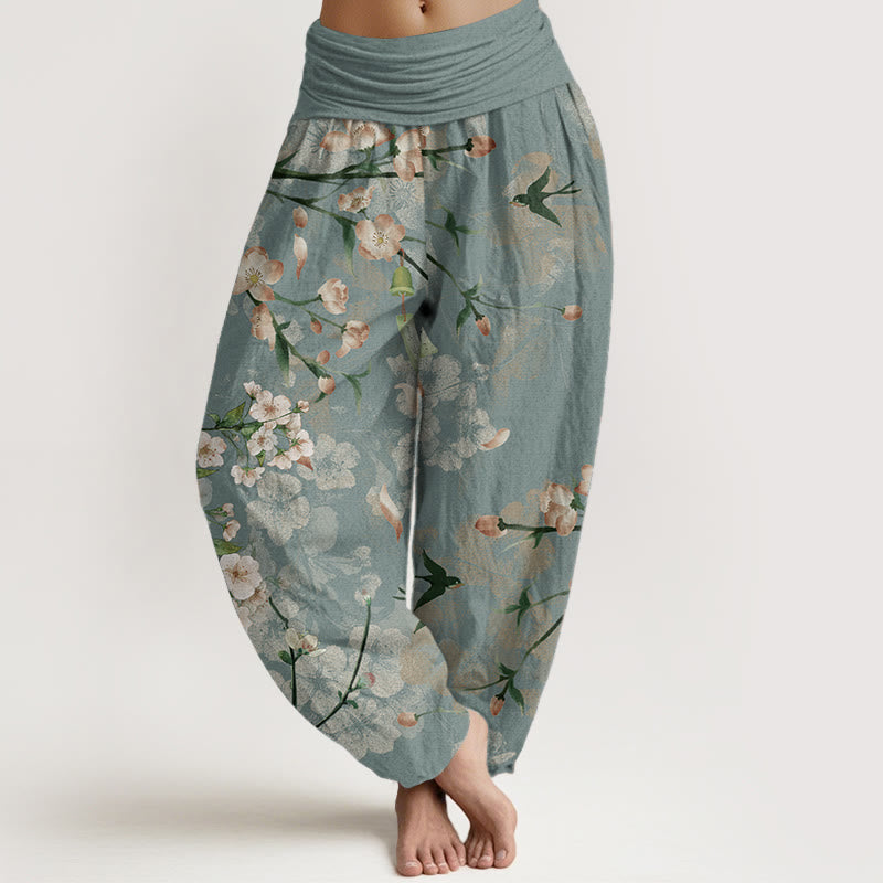 Buddha Stones Pure Cotton Peach Blossoms Flying Geese Pattern Women's Elastic Waist Harem Pants - MediumAquamarine - US22，UK/AU26，EU54 (6XL) - image 0