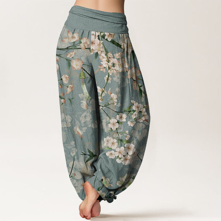 Buddha Stones Pure Cotton Peach Blossoms Flying Geese Pattern Women's Elastic Waist Harem Pants - image 1