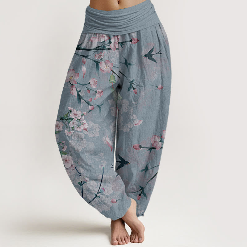 Buddha Stones Pure Cotton Peach Blossoms Flying Geese Pattern Women's Elastic Waist Harem Pants - CornflowerBlue - US22，UK/AU26，EU54 (6XL) - image 8