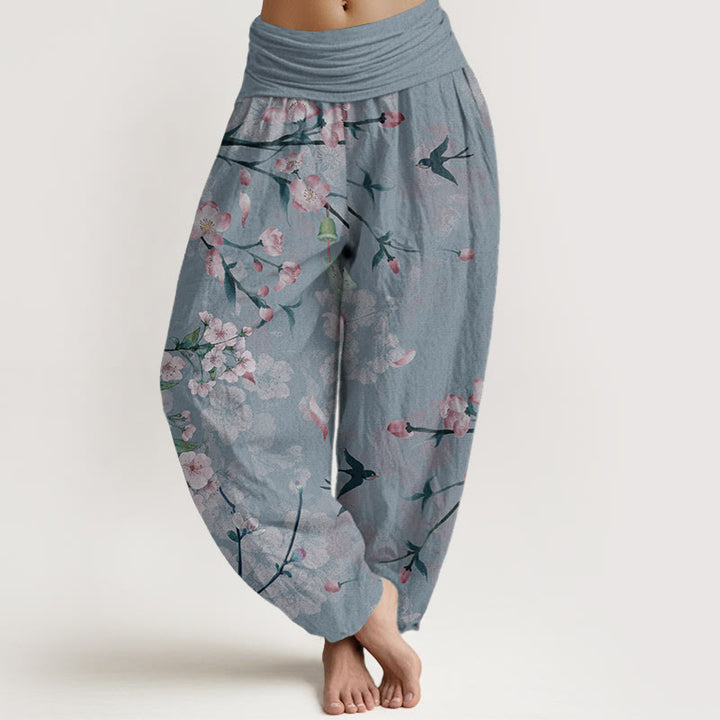 Buddha Stones Pure Cotton Peach Blossoms Flying Geese Pattern Women's Elastic Waist Harem Pants - CornflowerBlue - US22，UK/AU26，EU54 (6XL) - image 8
