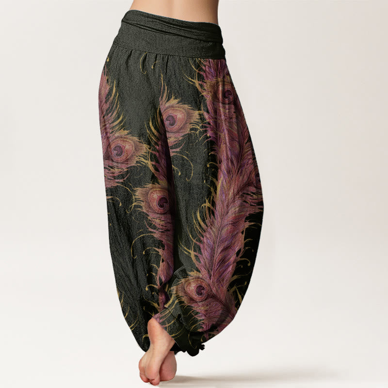 Buddha Stones Pure Cotton Bright Phoenix Pattern Women's Elastic Waist Harem Pants
