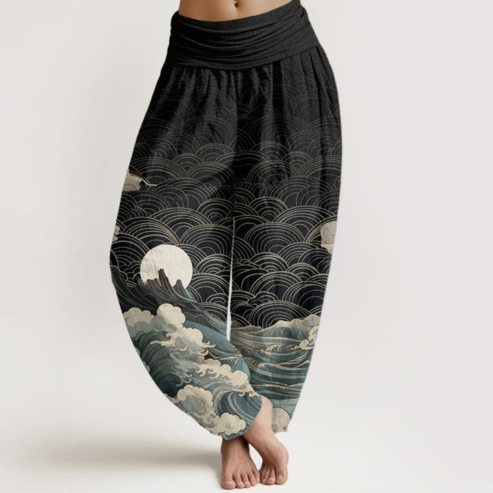 Buddha Stones Pure Cotton Casual Wave Moon Mountain Pattern Women's Elastic Waist Harem Pants