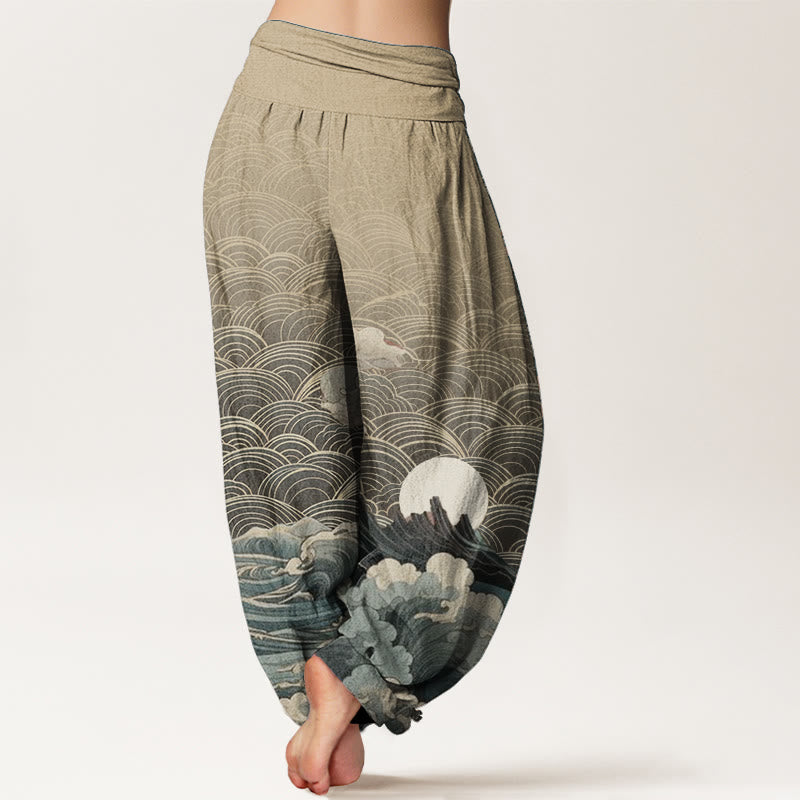 Buddha Stones Pure Cotton Casual Wave Moon Mountain Pattern Women's Elastic Waist Harem Pants