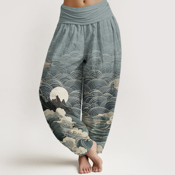 Buddha Stones Pure Cotton Casual Wave Moon Mountain Pattern Women's Elastic Waist Harem Pants