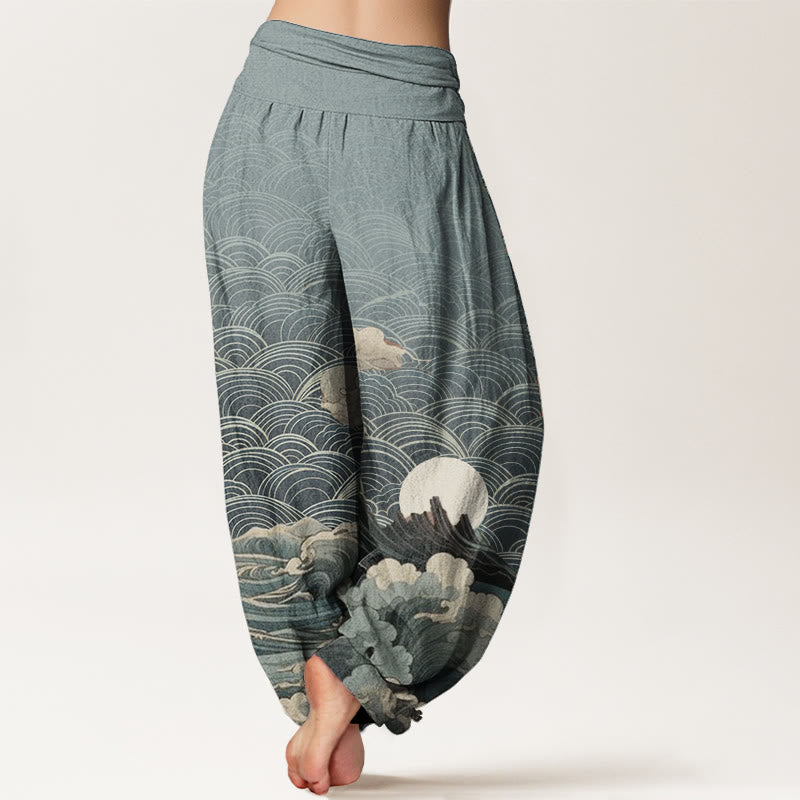 Buddha Stones Pure Cotton Casual Wave Moon Mountain Pattern Women's Elastic Waist Harem Pants