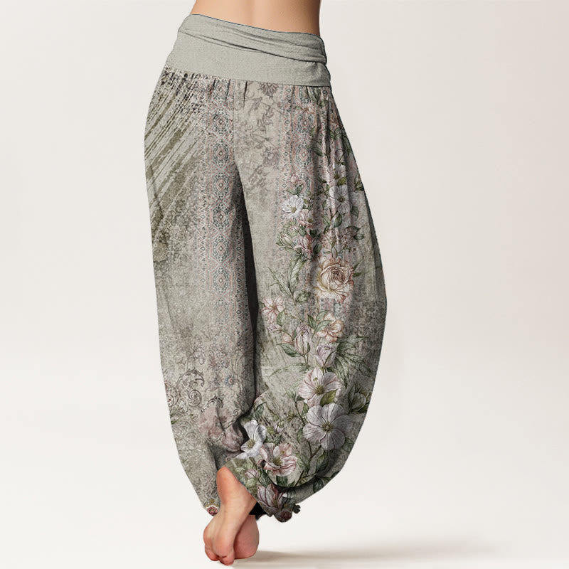 Buddha Stones Pure Cotton Ethnic Floral Ethnic Totem Pattern Women's Elastic Waist Harem Pants