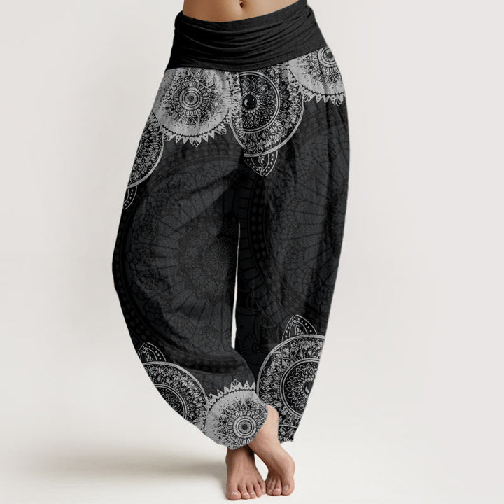 Buddha Stones Pure Cotton Circular Mandala Design Women's Elastic Waist Harem Pants - Black - US22，UK/AU26，EU54 (6XL) - image 0