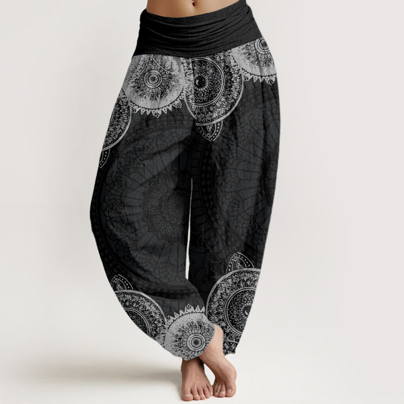 Buddha Stones Pure Cotton Circular Mandala Design Women's Elastic Waist Harem Pants - Black - US22，UK/AU26，EU54 (6XL) - image 0