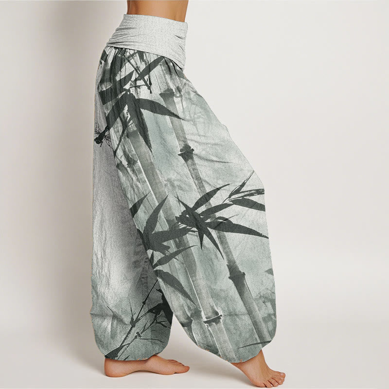 Buddha Stones Pure Cotton Casual Bamboo Leaves Dragonfly Pattern Women's Elastic Waist Harem Pants - image 2