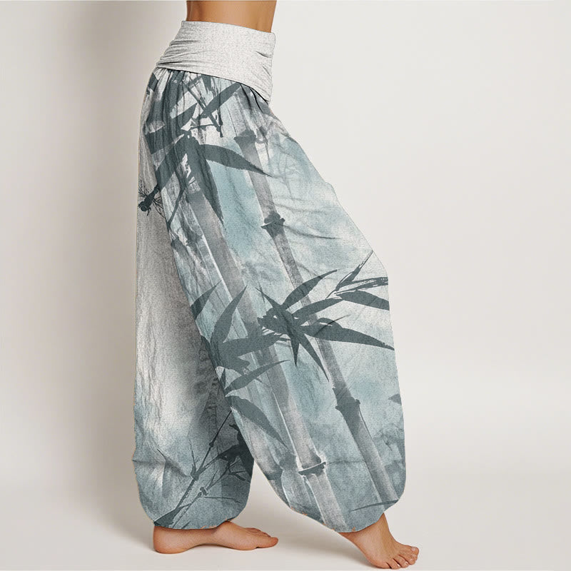Buddha Stones Pure Cotton Casual Bamboo Leaves Dragonfly Pattern Women's Elastic Waist Harem Pants - image 11