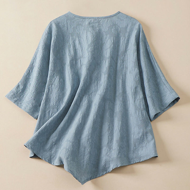 Buddha Stones Casual Flower Colorful Frog Button Half Sleeve Cotton Linen Women's Shirt - image 2