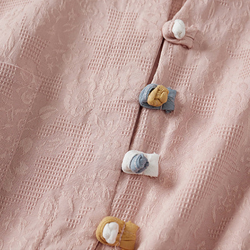 Buddha Stones Casual Flower Colorful Frog Button Half Sleeve Cotton Linen Women's Shirt - image 7