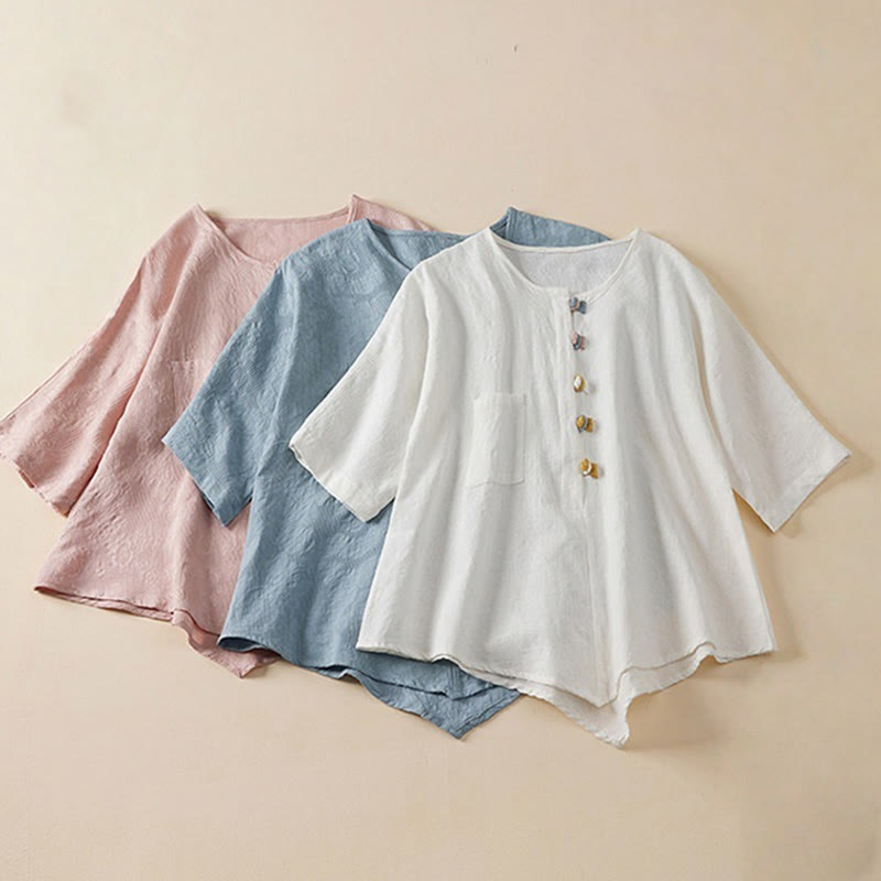 Buddha Stones Casual Flower Colorful Frog Button Half Sleeve Cotton Linen Women's Shirt - image 1