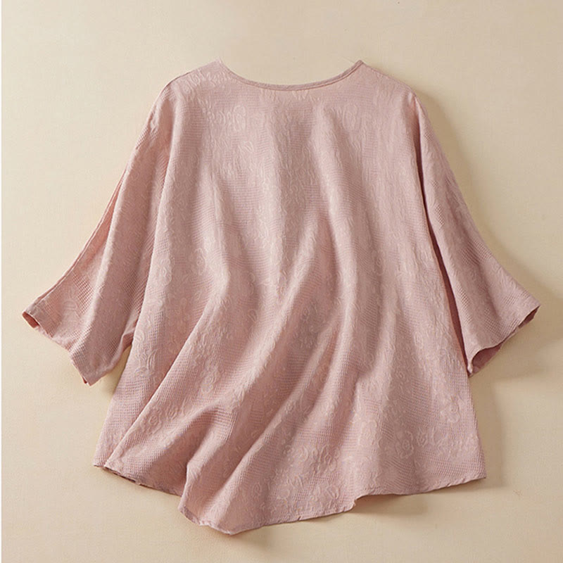 Buddha Stones Casual Flower Colorful Frog Button Half Sleeve Cotton Linen Women's Shirt - image 5