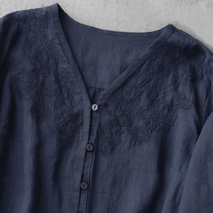 Buddha Stones Artistic Pure Color Embroiderd Front Button Design Women's Cotton Half Sleeve Shirt Cardigan - image 27