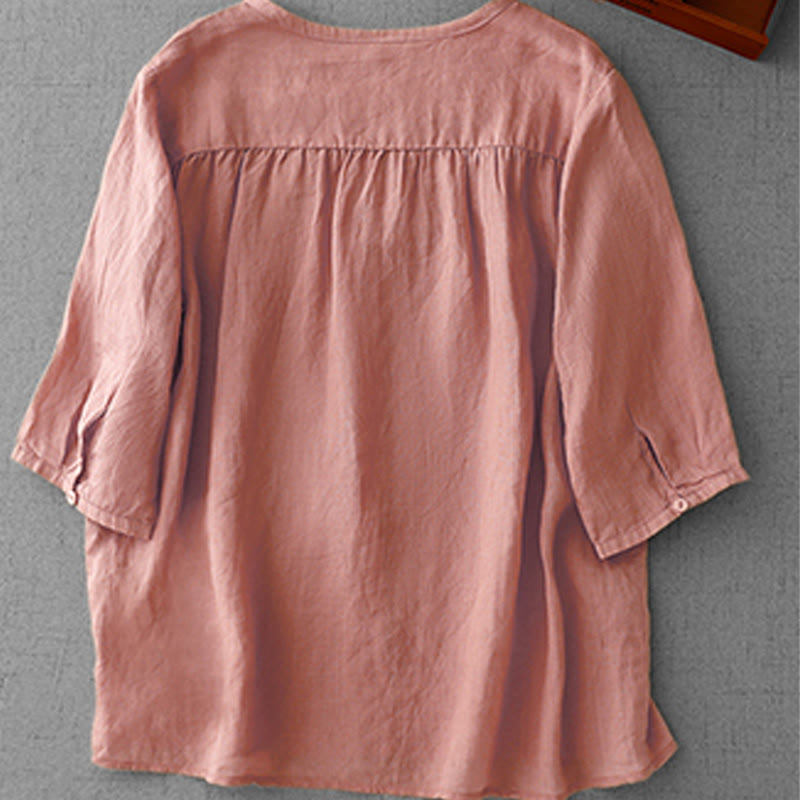 Buddha Stones Artistic Pure Color Embroiderd Front Button Design Women's Cotton Half Sleeve Shirt Cardigan - image 1