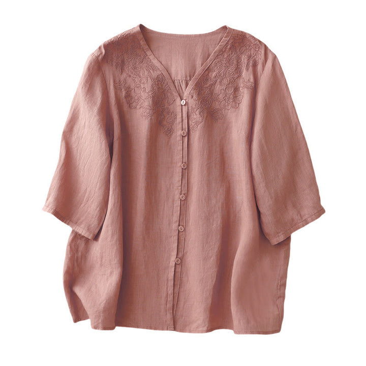 Buddha Stones Artistic Pure Color Embroiderd Front Button Design Women's Cotton Half Sleeve Shirt Cardigan - image 10