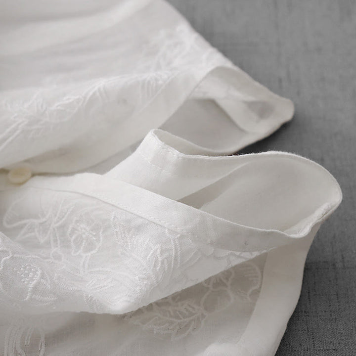 Buddha Stones Artistic Pure Color Embroiderd Front Button Design Women's Cotton Half Sleeve Shirt Cardigan - image 15