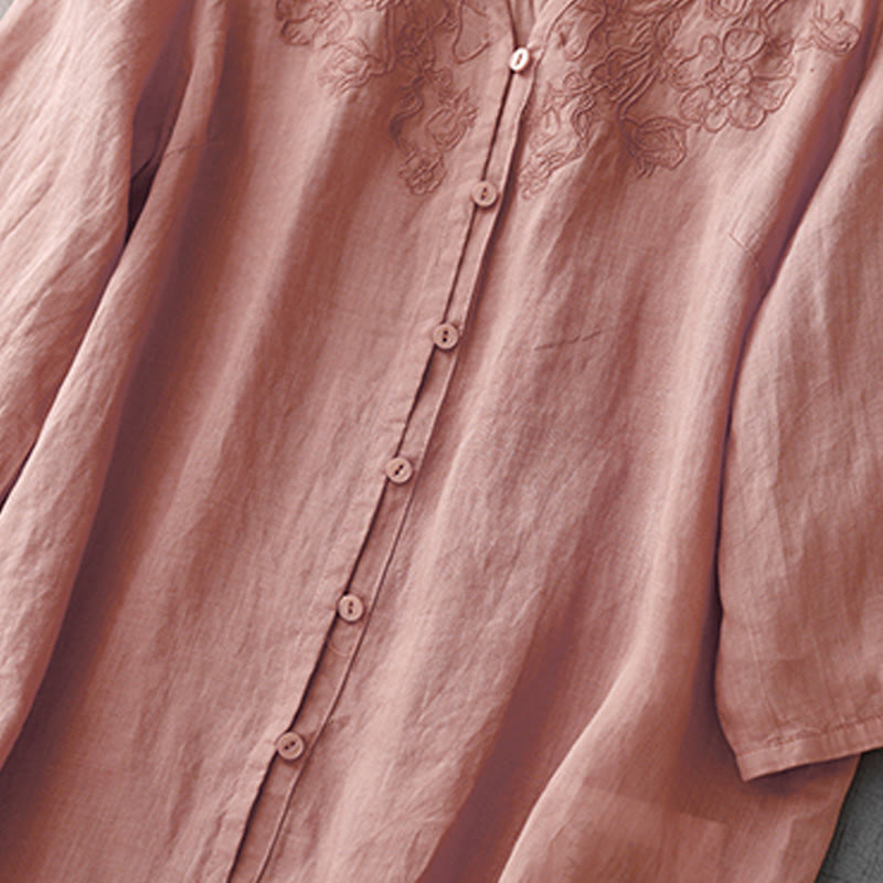 Buddha Stones Artistic Pure Color Embroiderd Front Button Design Women's Cotton Half Sleeve Shirt Cardigan - image 8