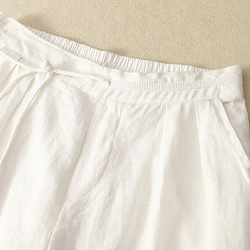 Buddha Stones Spring Casual Solid Color Drawstring Design  Women's Cotton Linen 7-8 Length Wide Leg Pants With Pockets - image 4
