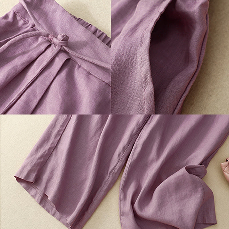 Buddha Stones Spring Casual Solid Color Drawstring Design  Women's Cotton Linen 7-8 Length Wide Leg Pants With Pockets - image 2