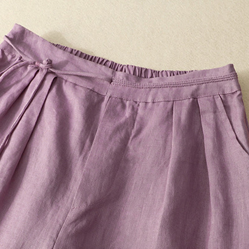 Buddha Stones Spring Casual Solid Color Drawstring Design  Women's Cotton Linen 7-8 Length Wide Leg Pants With Pockets - image 1