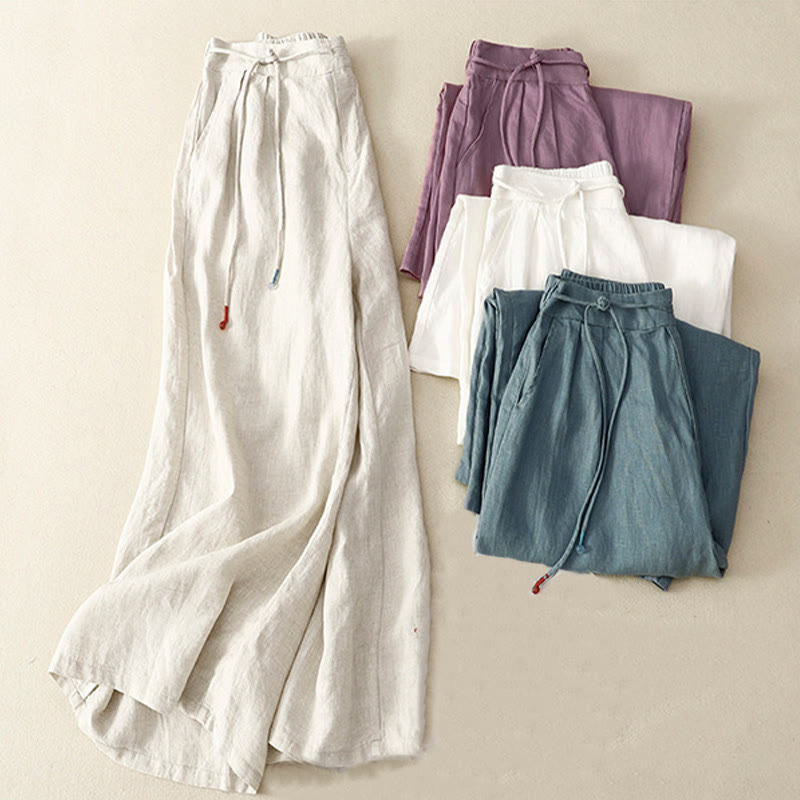 Buddha Stones Spring Casual Solid Color Drawstring Design  Women's Cotton Linen 7-8 Length Wide Leg Pants With Pockets - image 18
