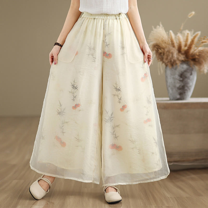 Buddha Stones Spring Vintage Printing Plant Pattern Double Layer Design Women's Cotton Wide Leg Pants With Pockets - image 20