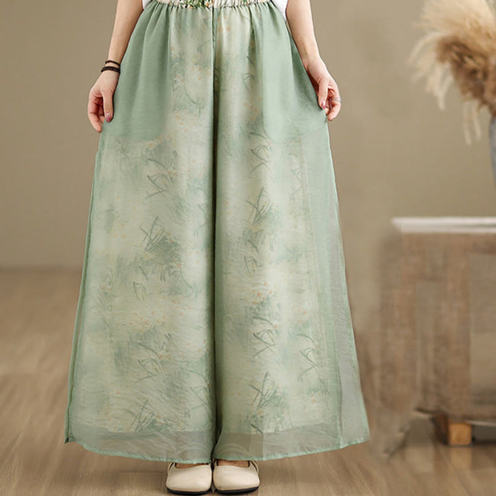 Buddha Stones Spring Vintage Printing Plant Pattern Double Layer Design Women's Cotton Wide Leg Pants With Pockets - image 2