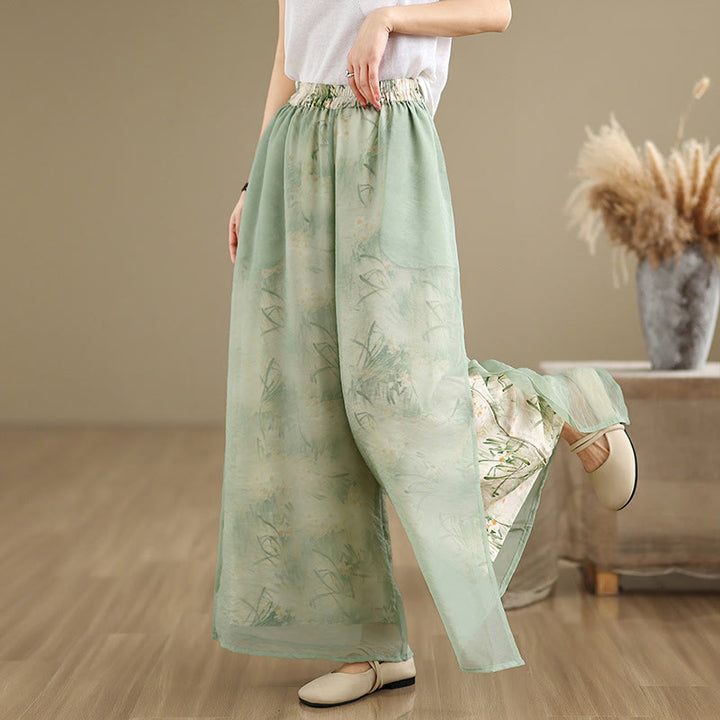 Buddha Stones Spring Vintage Printing Plant Pattern Double Layer Design Women's Cotton Wide Leg Pants With Pockets - image 6