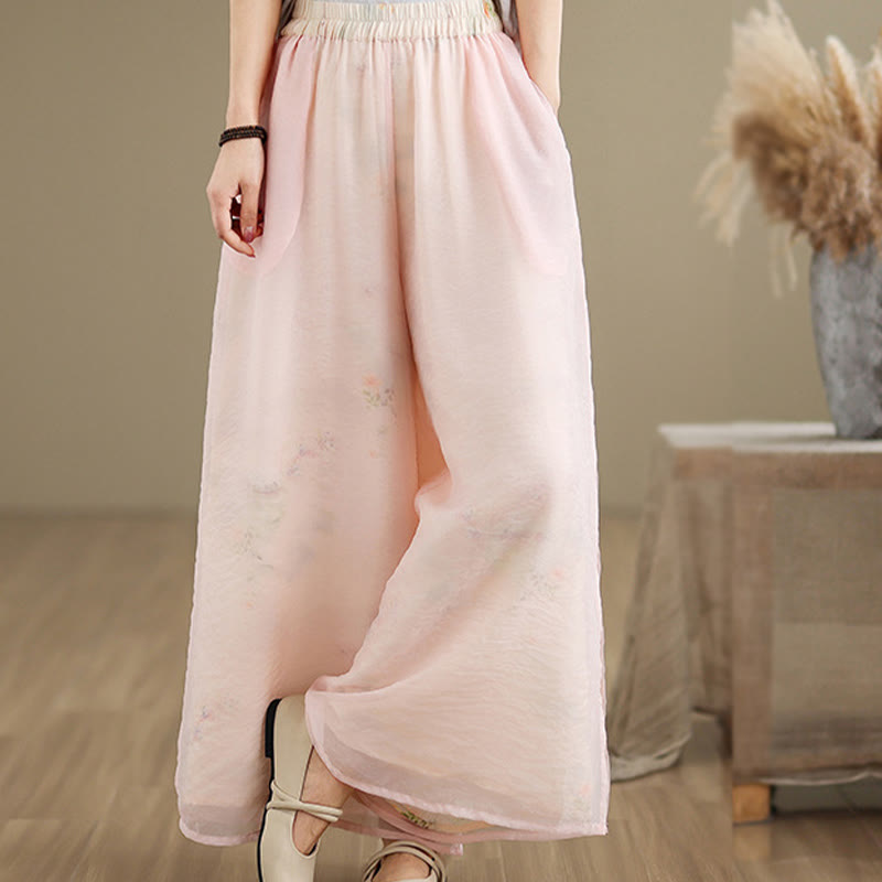 Buddha Stones Spring Vintage Printing Plant Pattern Double Layer Design Women's Cotton Wide Leg Pants With Pockets - image 11