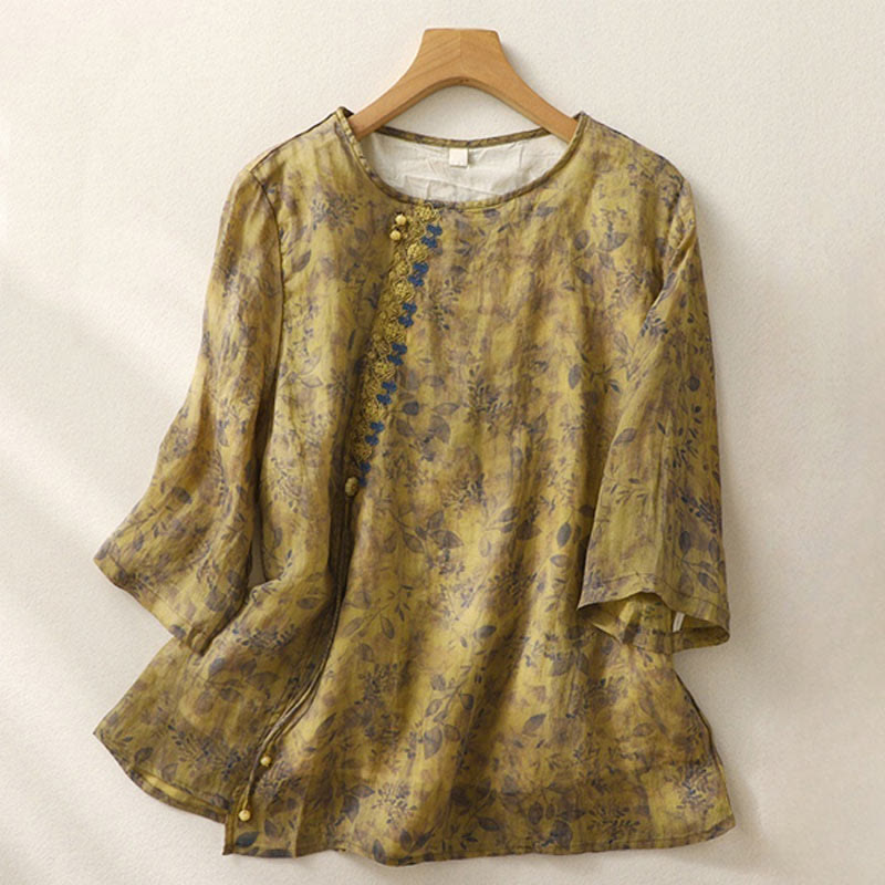 Buddha Stones Embroidery Design Leaves Women's Cotton Linen Three Quarter Sleeve Shirt - DarkGoldenrod - US12，UK/AU16，EU44 (2XL) - image 13